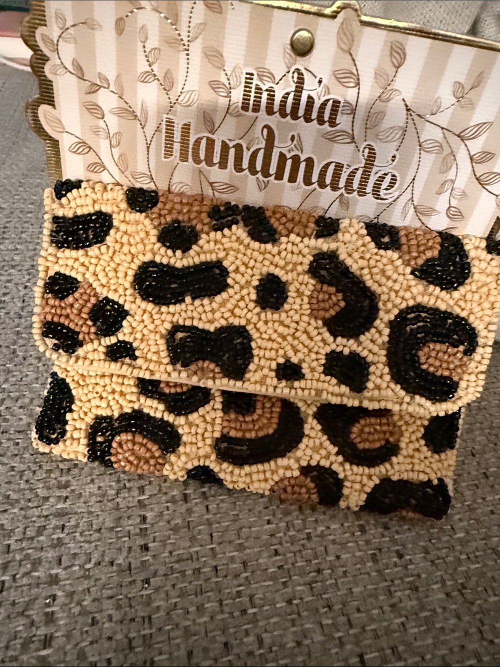 Beaded Leopard Print Clutch - Tan & Black